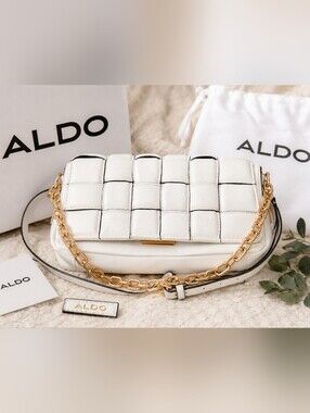 ALDO White Woven Crossbody Bag Gold Chain Strap Shoulder Purse